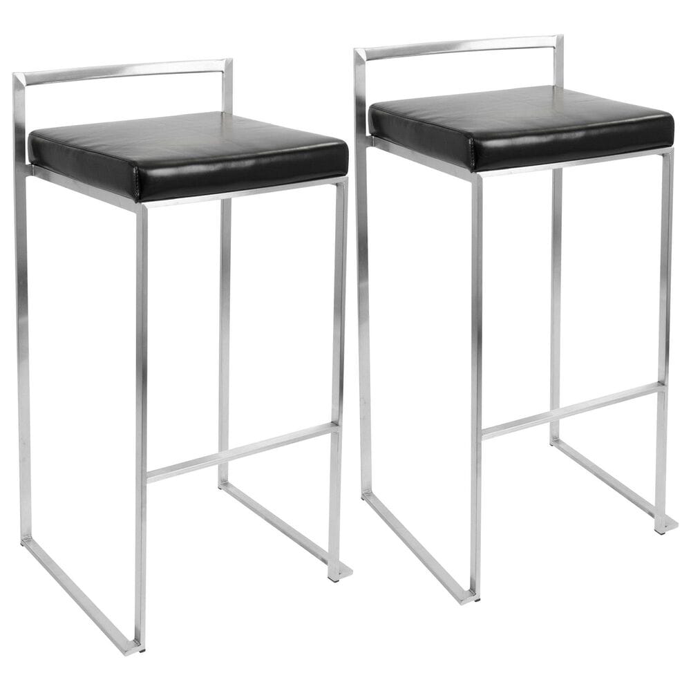Lumisource Fuji Stackable Barstool with Black Faux Leather in Brushed Stainless Steel (Set of 2), , large