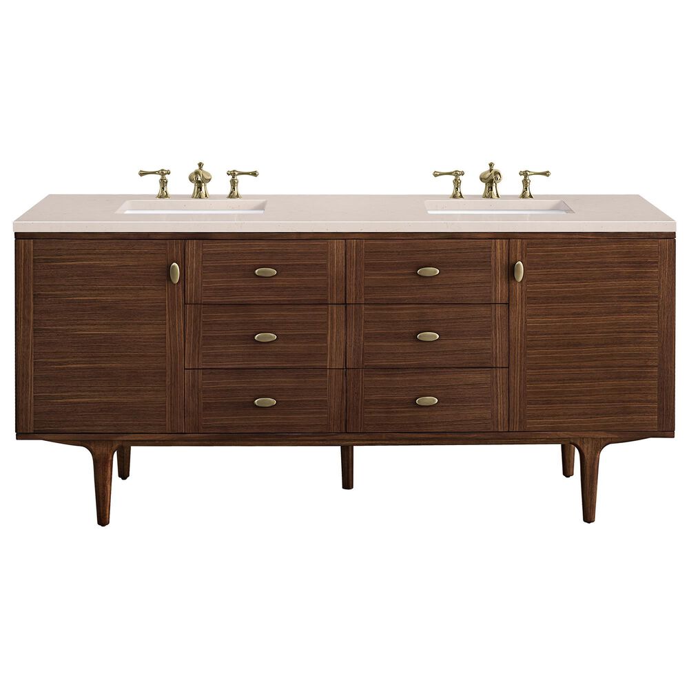 James Martin Vanities Amberly 72" Double Bathroom Vanity in Walnut with 3 cm Carrara White Marble Top and Rectangular Sinks, , large