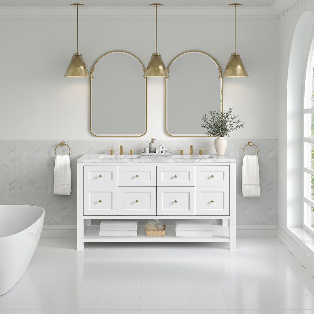 James Martin Vanities Breckenridge 60&quot; Double Bathroom Vanity in Bright White with 3 cm Carrara White Marble Top and Rectangular Sinks, , large