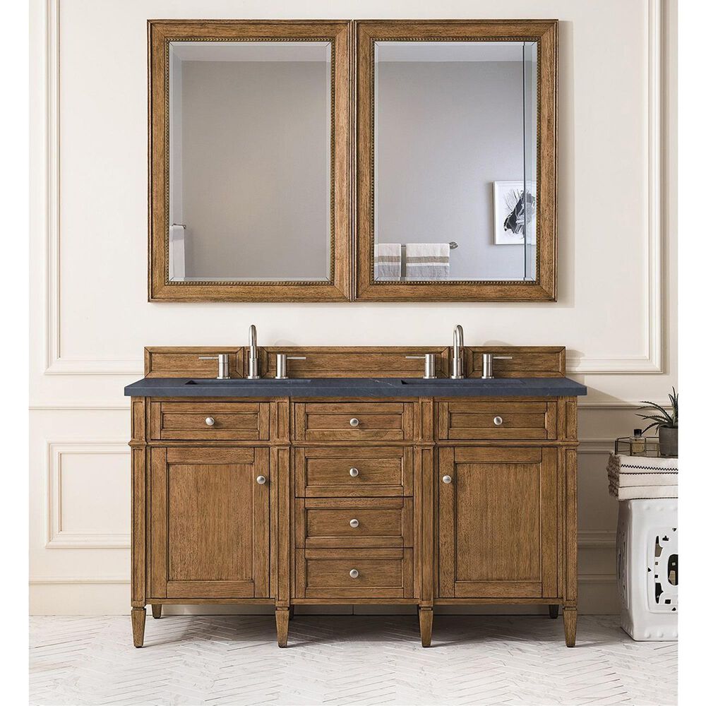 James Martin Vanities Brittany 60&quot; Double Bathroom Vanity in Saddle Brown with 3 cm Charcoal Soapstone Quartz Top and Rectangular Sinks, , large