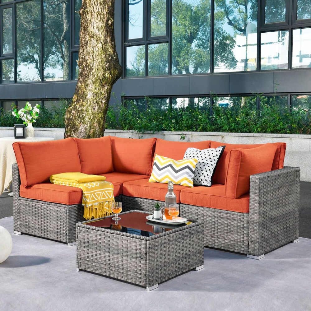 HOMLUX 5-Piece Patio Conversation Set with Two Ottomans in Orange Red, , large