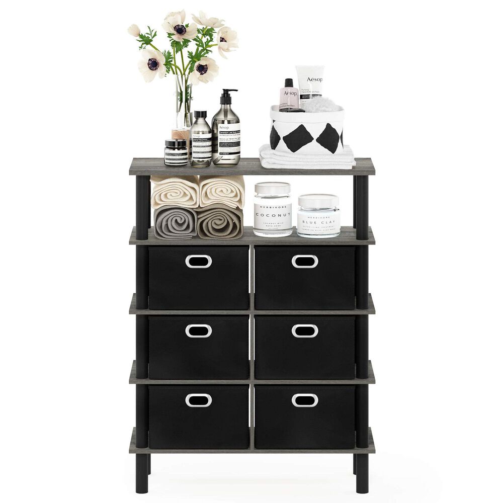 HOMLUX 5-Tier Modern Storage Bookshelf with 6 Storage Bins in French Oak Grey and Black, , large