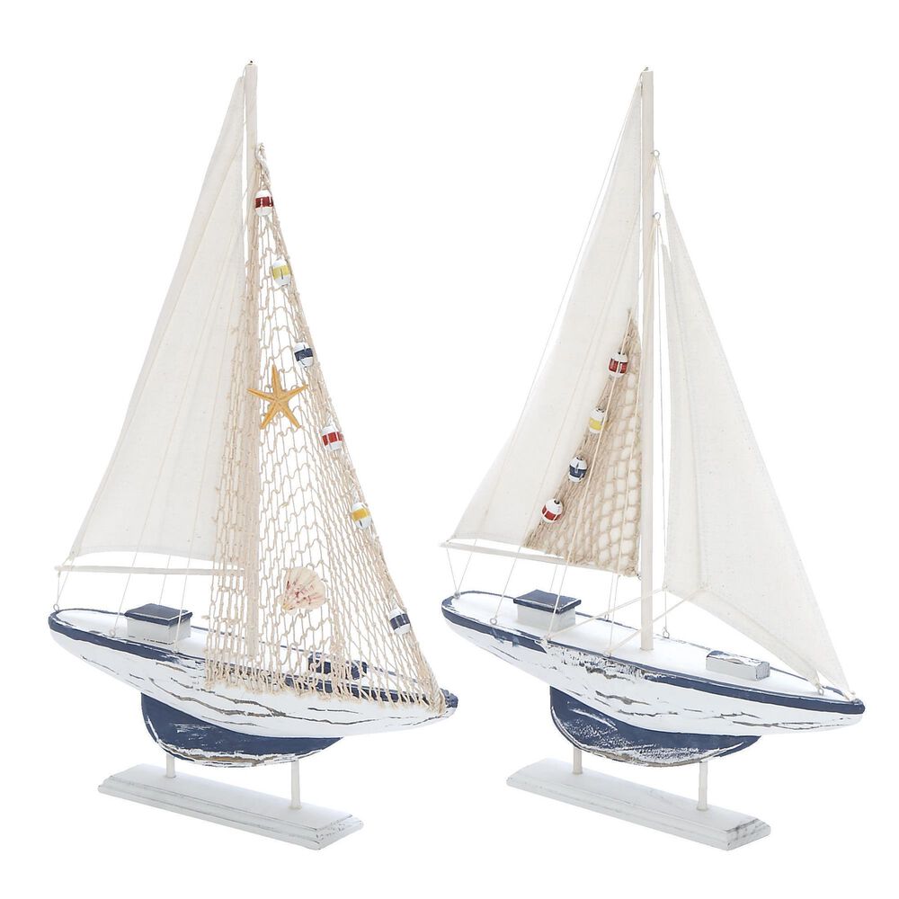 Maple and Jade Sail Boat Decorative Sculpture in Distressed White, Blue, Yellow and Red (Set of 2), , large