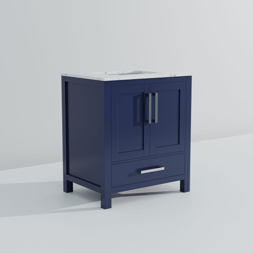 Lexora Home Jacques 30&quot; Single Bathroom Vanity in Navy Blue with 2 cm White Carrara Marble Top and Rectangular Sink, , large