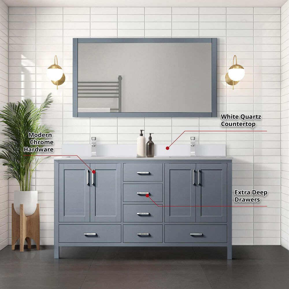 Lexora Home Jacques 60&quot; Double Bathroom Vanity in Dark Grey with 2 cm White Quartz Top and Rectangular Sinks, , large