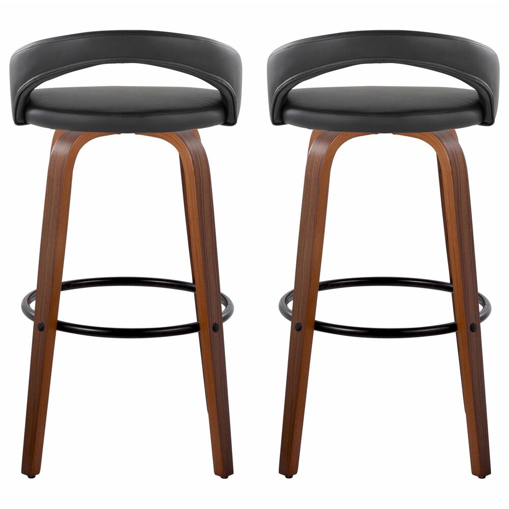 LumiSource Grotto Swivel Bar Stool with Black Faux Leather Upholstery in Walnut Wood and Black (Set of 2), , large