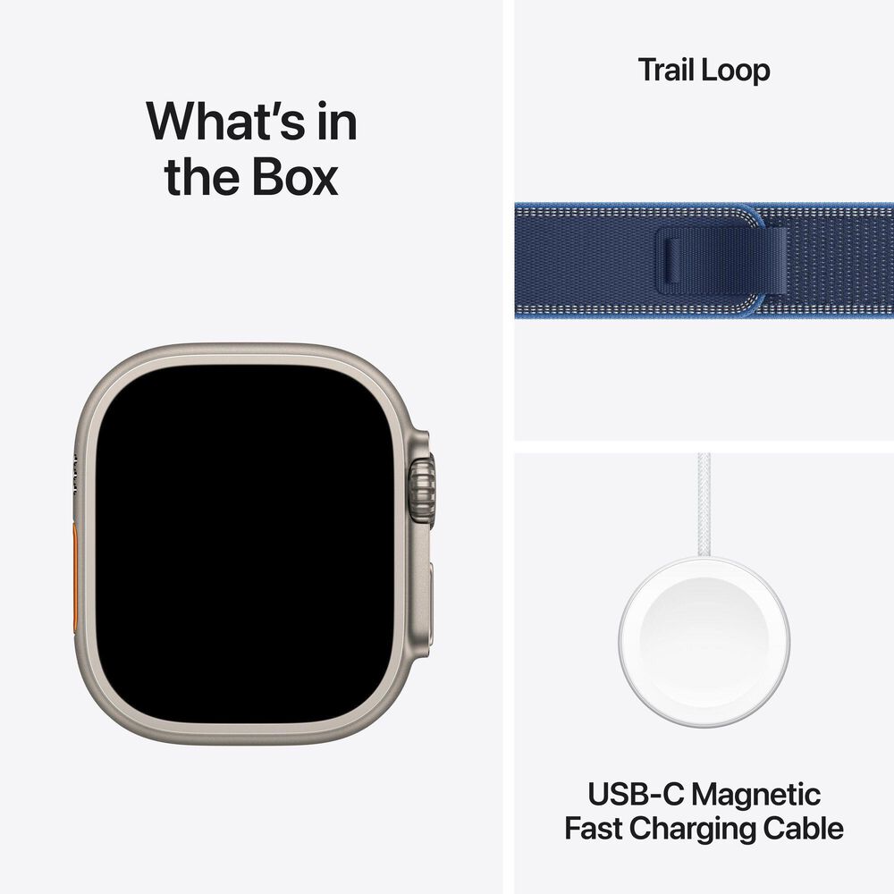 Apple Watch Ultra 3 (GPS+Cellular) 49mm Titanium Case with Blue/Bright Blue Trail Loop - M/L in Natural and 2-Year AppleCare+, , large