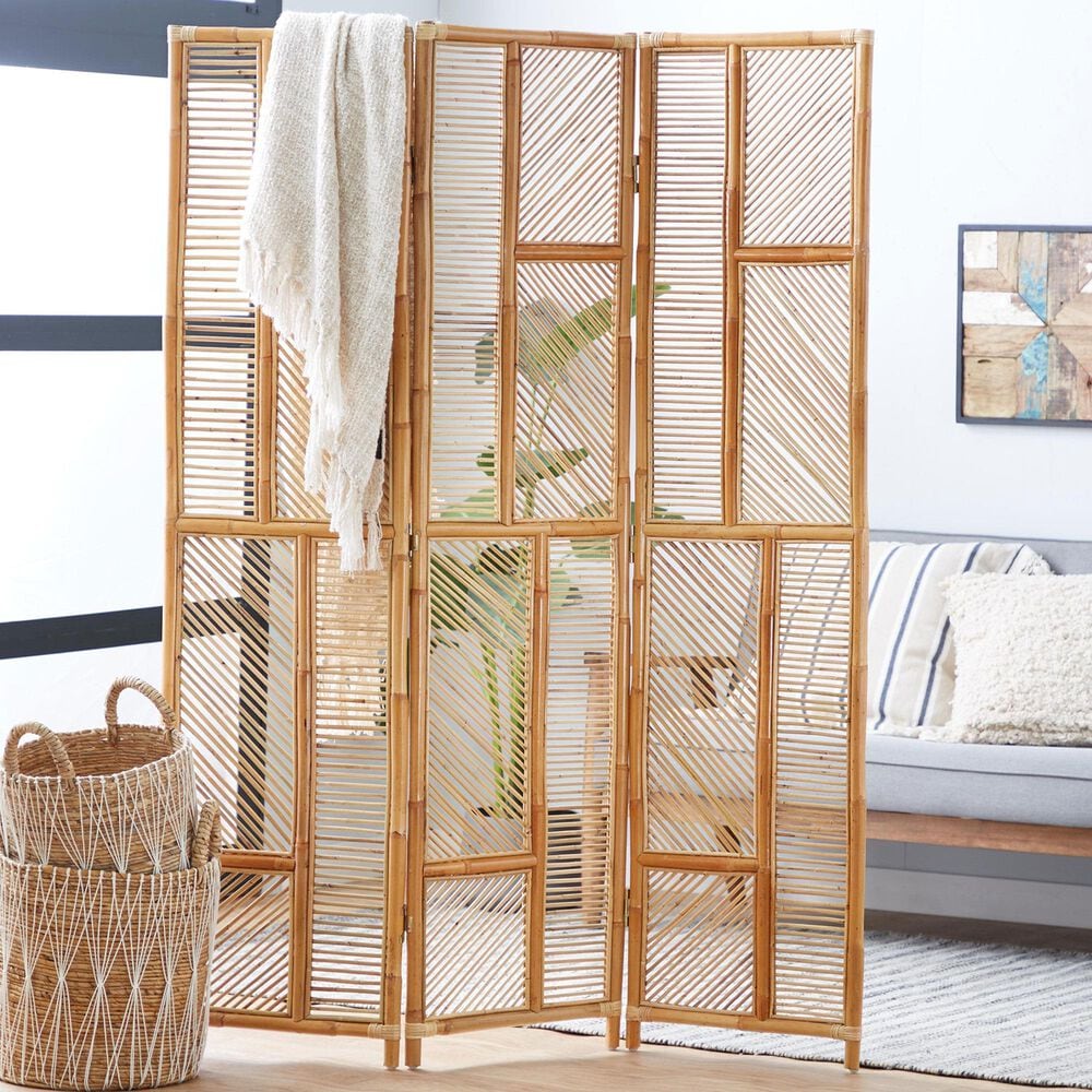 Maple and Jade 3-Panel Geometric Partition Room Divider Screen in Oiled Brown, , large