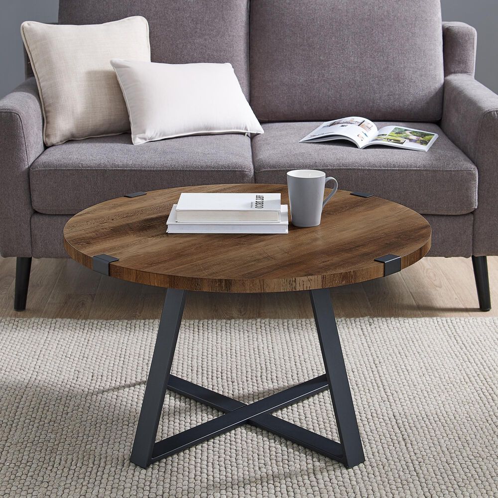 Walker Edison Metal Wrap Coffee Table in Rustic Oak and Black, , large