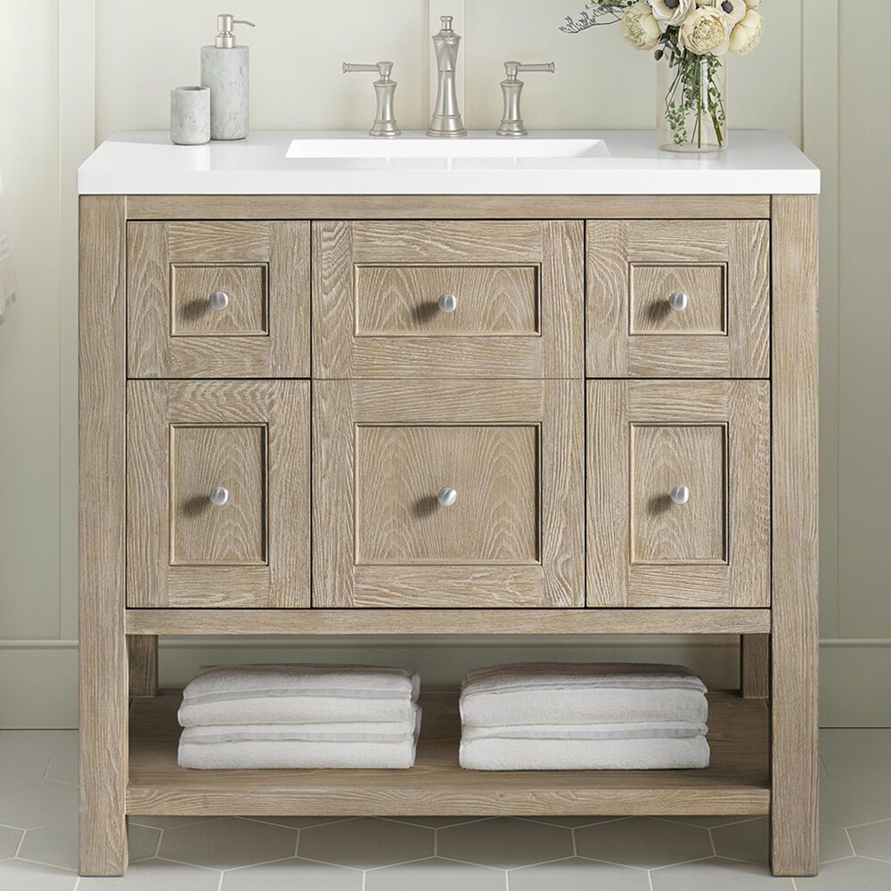 James Martin Vanities Breckenridge 36&quot; Single Vanity in Whitewashed Oak with 3 cm White Zeus Quartz Top, , large
