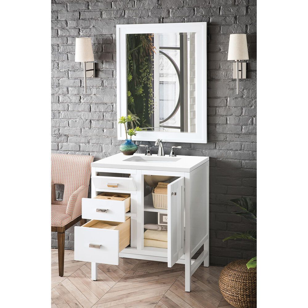 James Martin Vanities Addison 30" Single Vanity Cabinet in Glossy White with 3 cm White Zeus Quartz Top and Rectangular Sink, , large