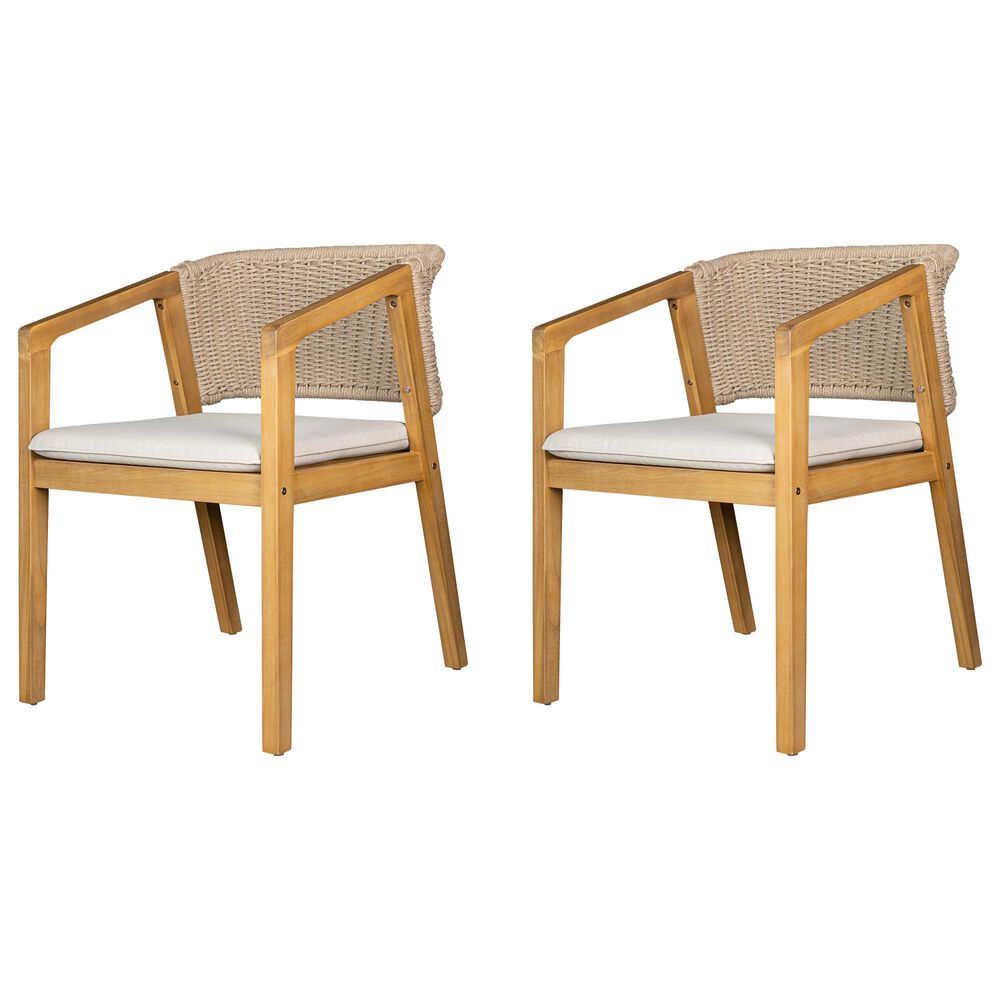 Hearth and Haven Patio Dining Chair with Rope-Design Backrest and Cushions in Light Teak (Set of 2), , large