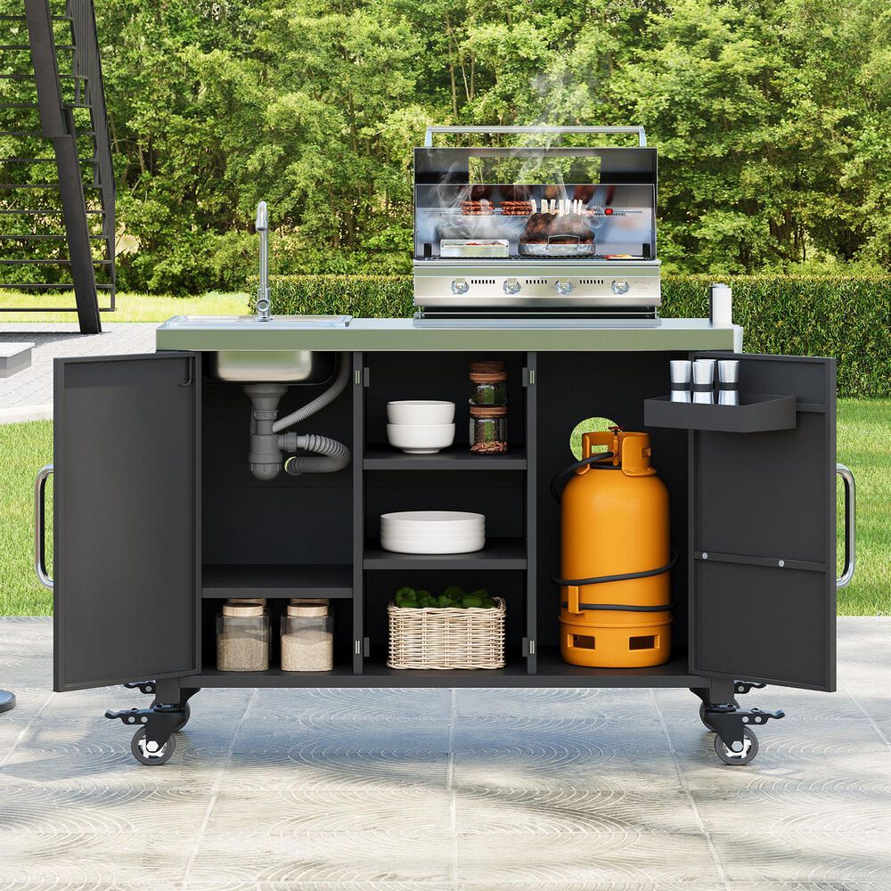 HOMLUX 55.5" Outdoor Kitchen Island with Sink in Black and Stainless Steel, , large