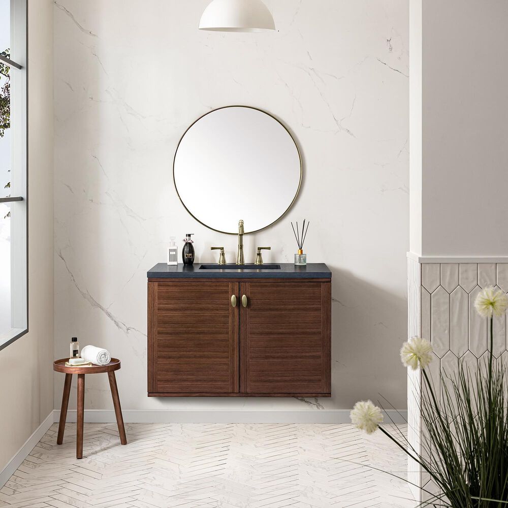 James Martin Vanities Amberly 36&quot; Single Bathroom Vanity in Walnut with 3 cm Charcoal Soapstone Quartz Top and Rectangular Sink, , large