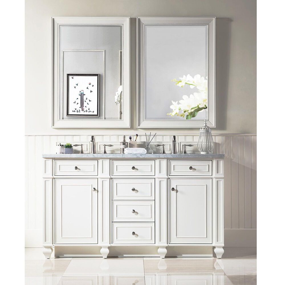 James Martin Vanities Bristol 60&quot; Double Bathroom Vanity in Bright White with 3 cm Carrara White Marble Top and Rectangular Sinks, , large