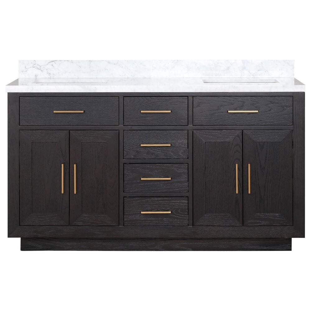 Lexora Home Abbey 60&quot; Double Bathroom Vanity in Black Oak with 2 cm White Carrara Marble Top and Rectangular Sinks, , large