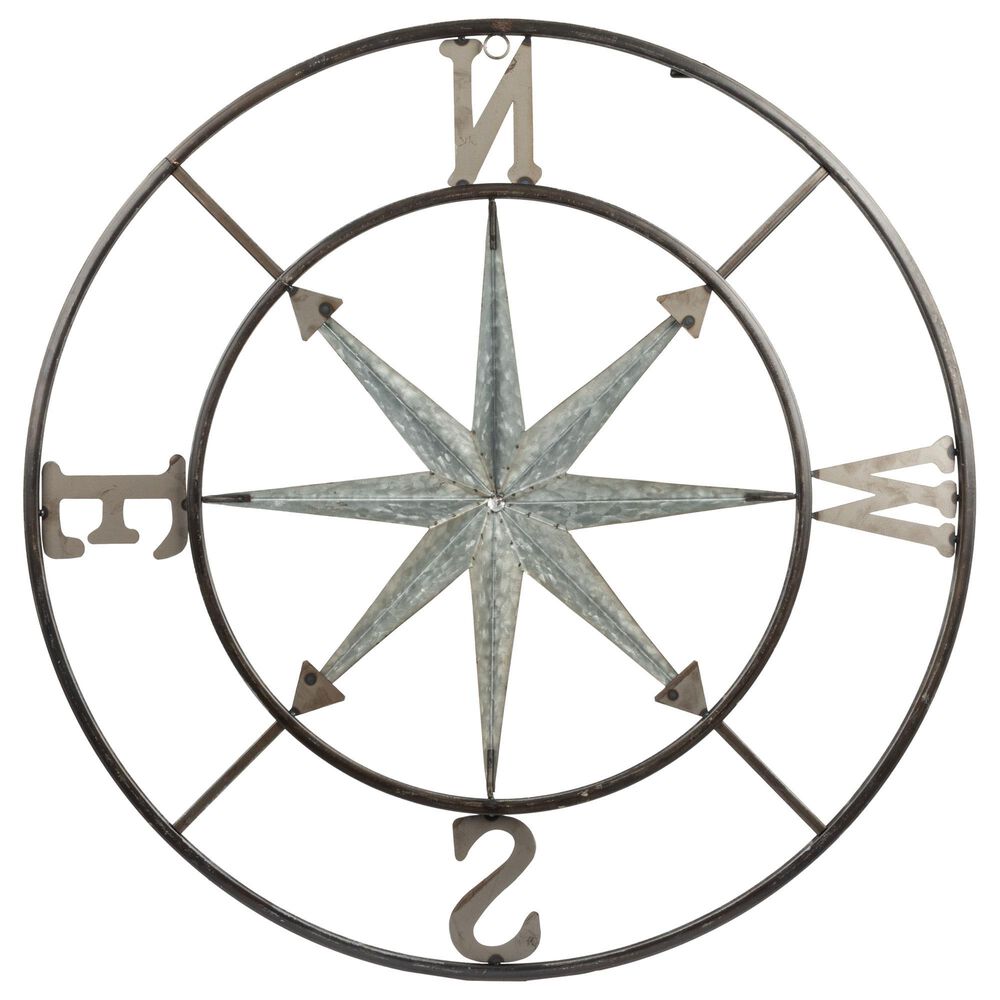 Creative Coop 30" Round Metal Compass Wall Decor in Distressed Silver, , large
