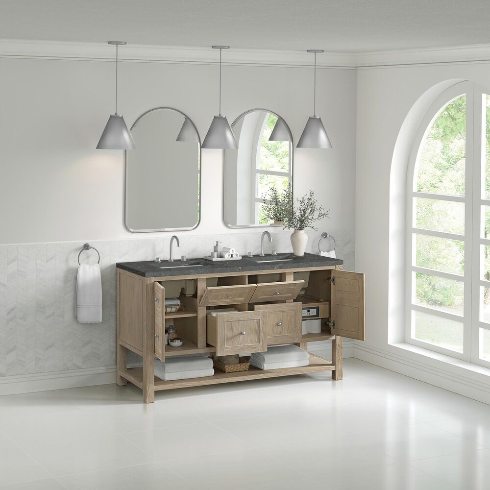 James Martin Vanities Breckenridge 60&quot; Double Bathroom Vanity in Whitewashed Oak with 3 cm Parisien Bleu Quartz Top and Rectangular Sinks, , large