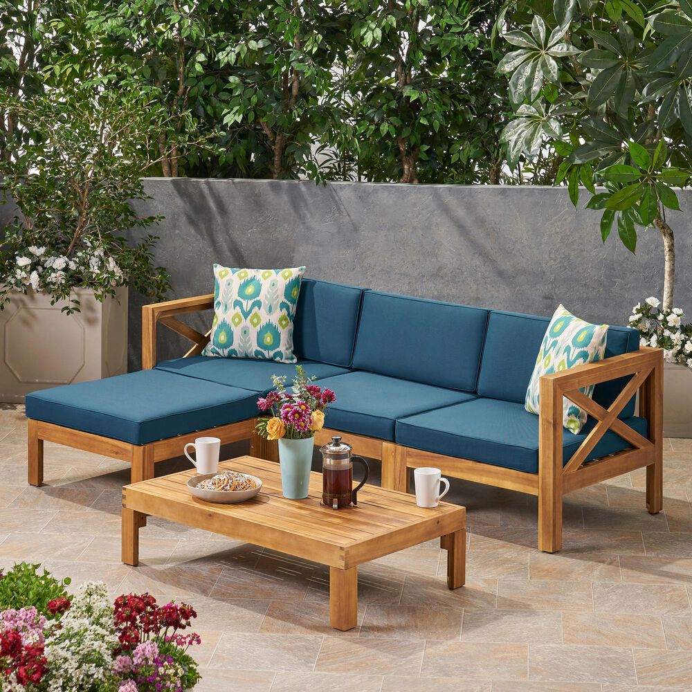 Hearth and Haven Alcove 5-Piece Outdoor L-Shape Sectional Set with Dark Teal Cushion in Teak, , large