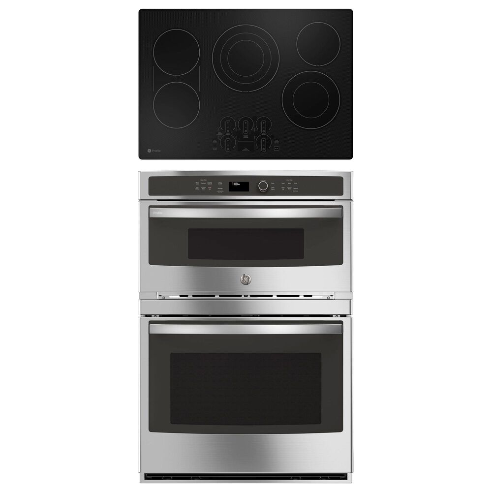 GE Profile 2-Piece Kitchen Package with Stainless Steel 30" Built-In Microwave Combination Wall Oven and Black 30" Electric Cooktop, , large