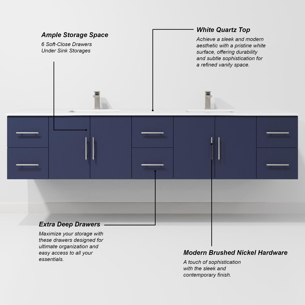 Lexora Home Geneva 84" Double Bathroom Vanity in Navy Blue with 2 cm White Quartz Top and Rectangular Sinks, , large