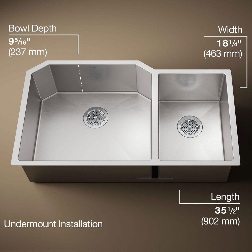 Kohler Strive 35.5" Undermount Double Bowl Kitchen Sinks in Stainless Steel, , large
