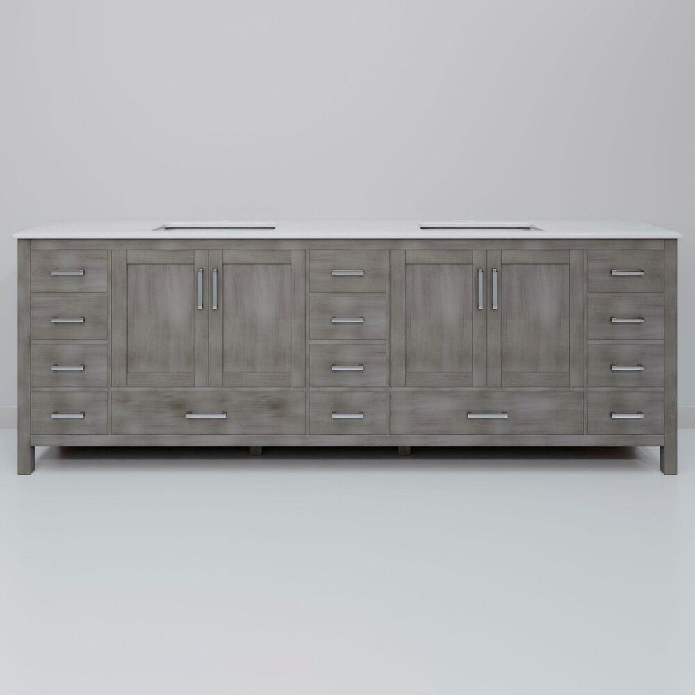 Lexora Home Jacques 84&quot; Double Bathroom Vanity in Distressed Grey with 2 cm White Quartz Top and Rectangular Sinks, , large