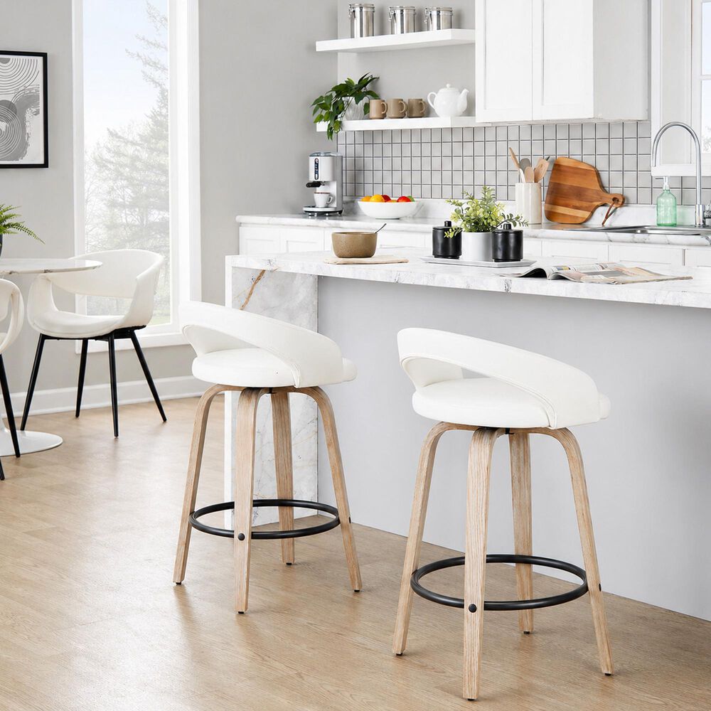 LumiSource Grotto Swivel Counter Stool with White Faux Leather Upholstery in Whitewashed Wood and Black (Set of 2), , large