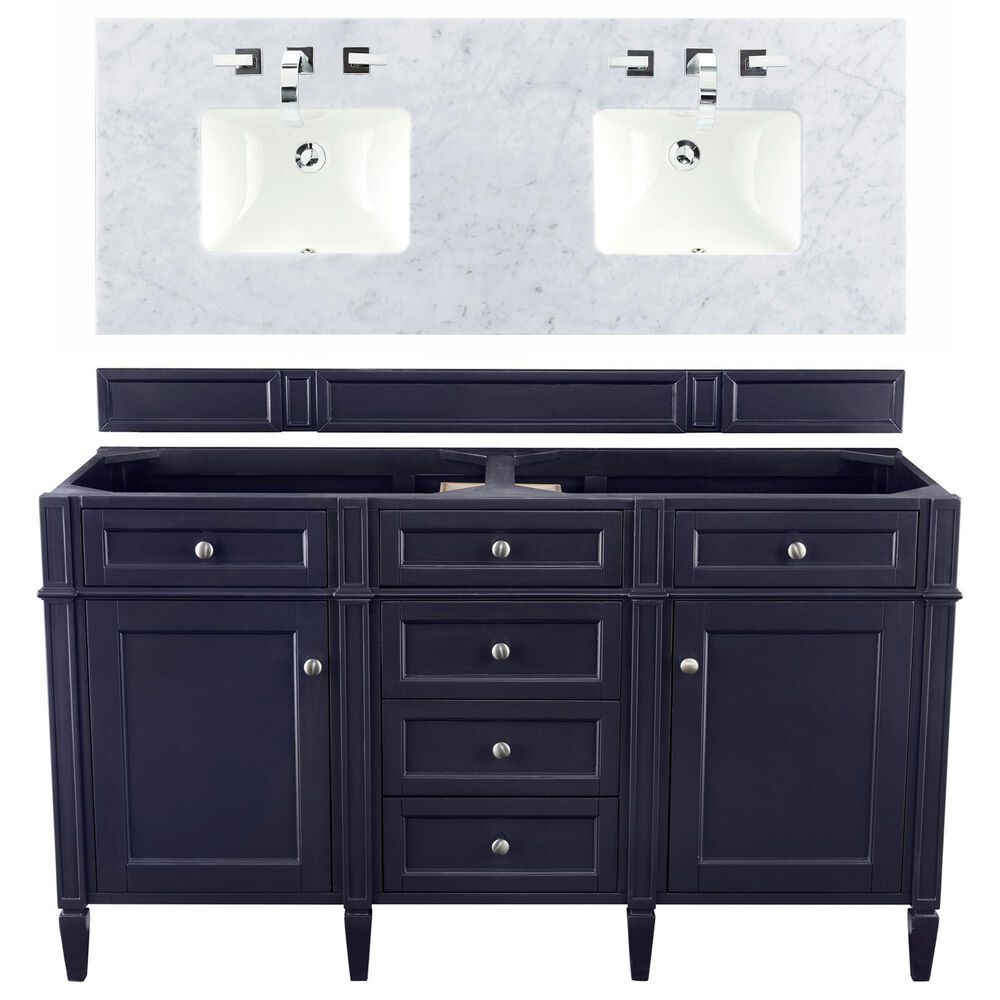James Martin Vanities Brittany 60" Double Bathroom Vanity in Victory Blue with 3 cm Carrara White Marble Top, , large