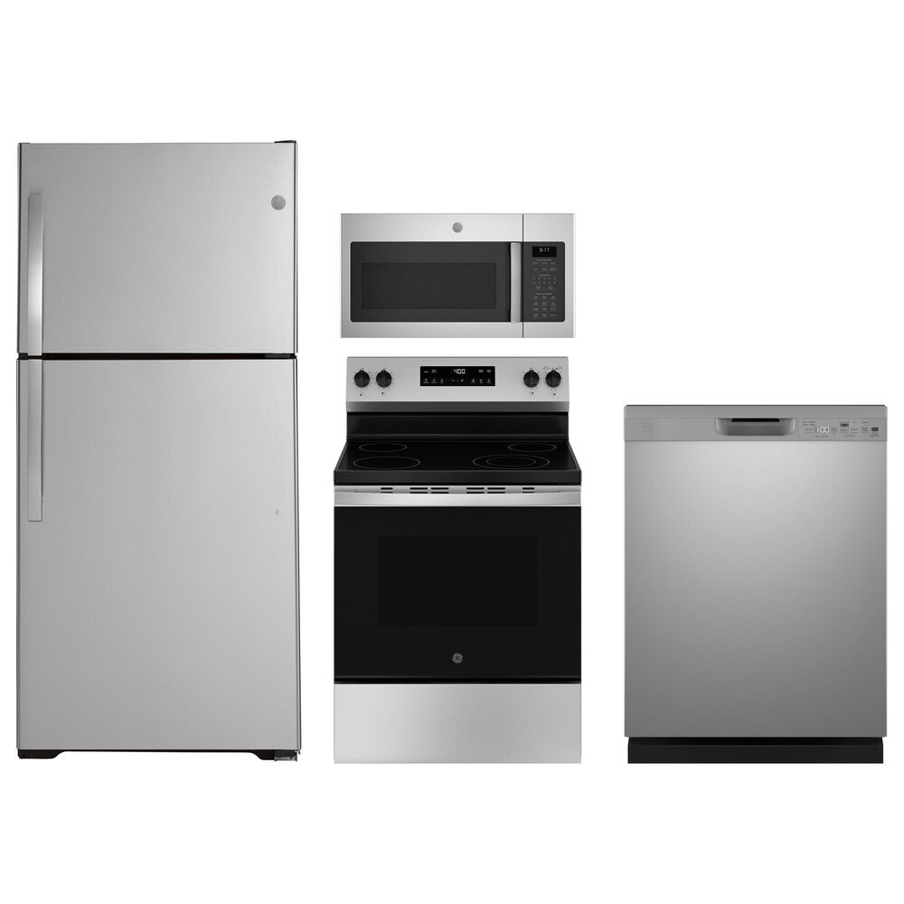 G.E. 4-Piece Kitchen Package with 21.9 Cu. Ft. Top-Freezer Refrigerator and 30" Freestanding Electric Range in Stainless Steel, , large