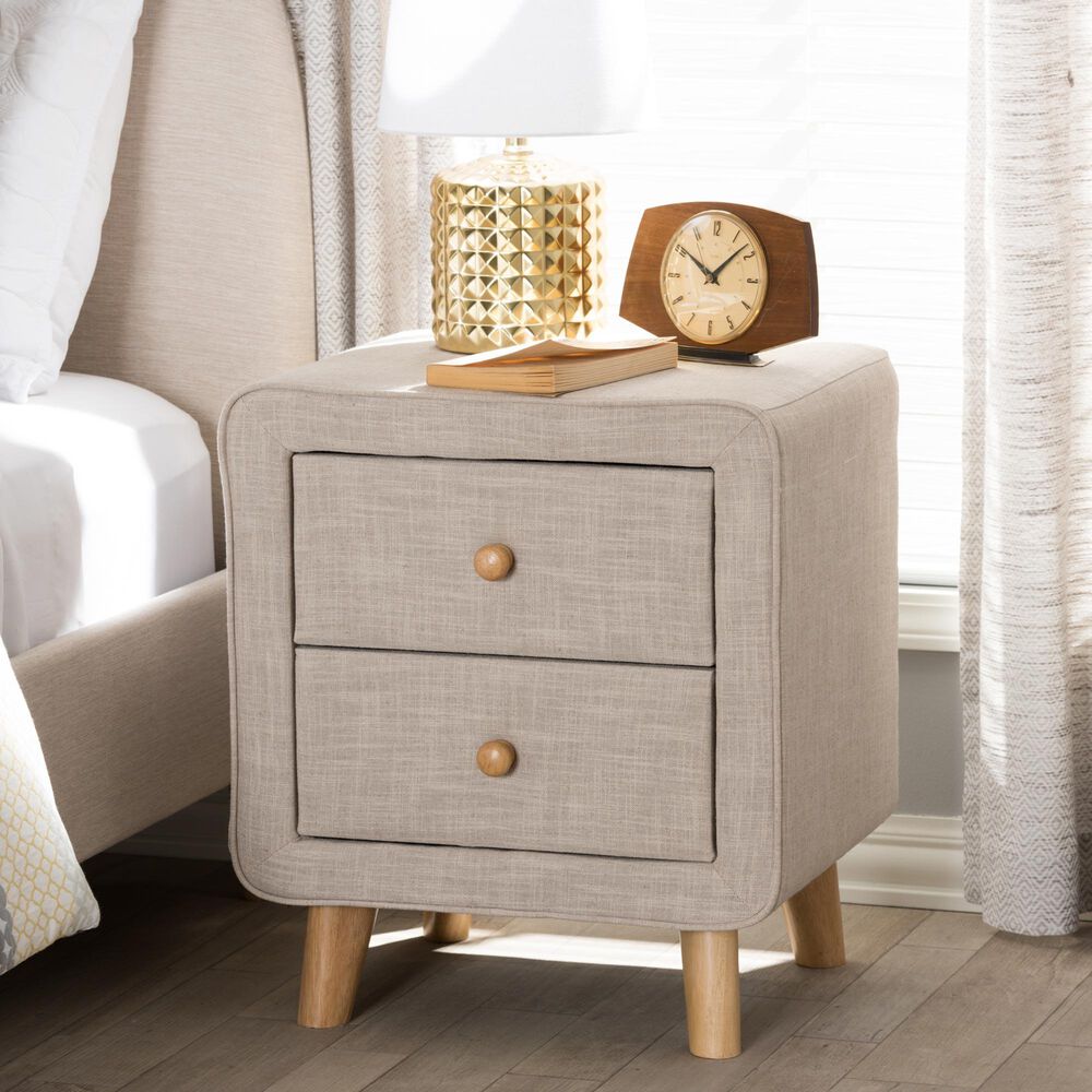 Baxton Studio Jonesy 2-Drawer Upholstered Nightstand in Beige, , large
