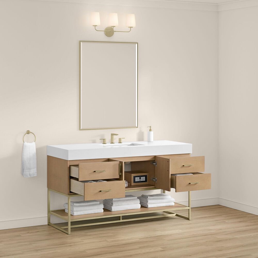 37B Mauri 60" Single Bathroom Vanity with Metal Base in Warm Oak and White Composite Stone Top, , large