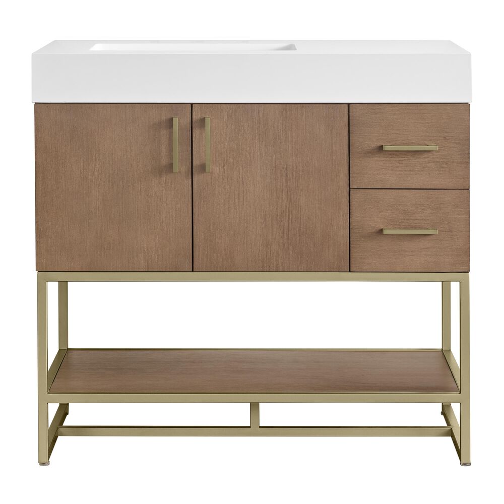 37B Mauri 36" Single Bathroom Vanity with Metal Base in Walnut Drift with High-Profile 4" White Composite Stone Top, , large