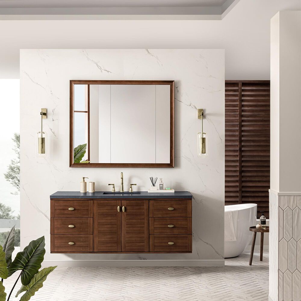 James Martin Vanities Amberly 60&quot; Single Bathroom Vanity in Walnut with 3 cm Charcoal Soapstone Quartz Top and Rectangular Sink, , large