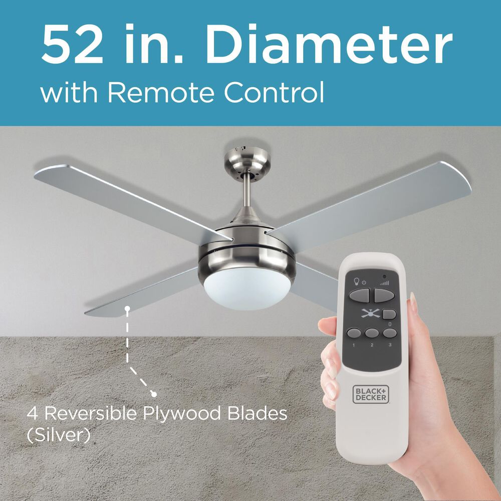 Black+Decker 52&quot; 4-Blade Standard Ceiling Fan with Light and Remote Control in Brushed Nickle and Silver, , large