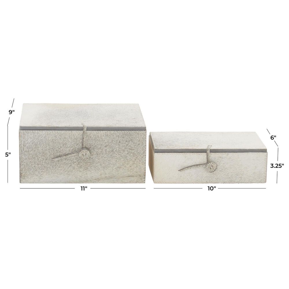 Maple and Jade 2-Piece Handmade Cowhide Decorative Box Set with Leather Loop Closure in Gray and White, , large