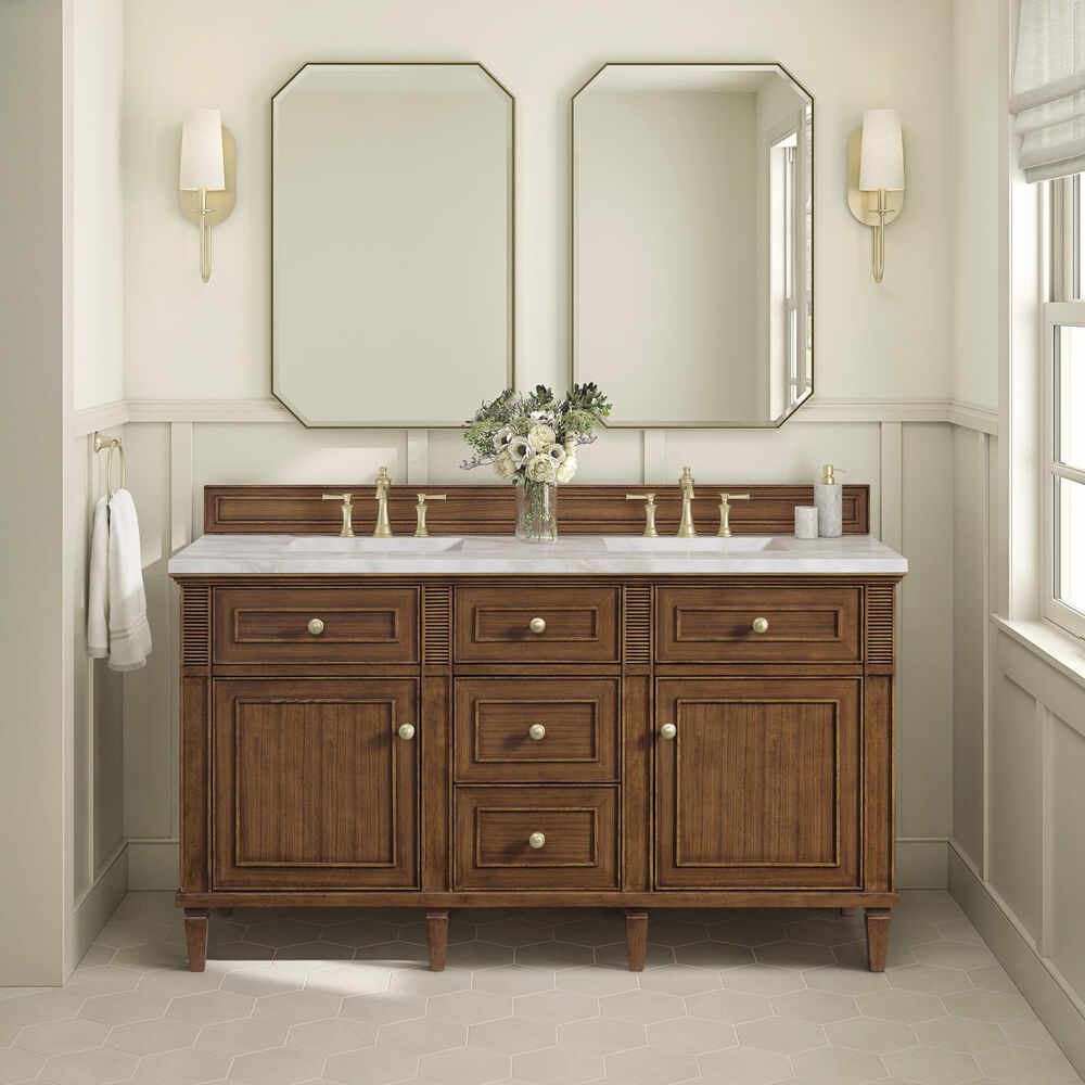 James Martin Vanities Lorelai 60" Double Bathroom Vanity in Mid-Century Walnut with 3 cm Eternal Jasmine Pearl Silestone Top, Rectangular Sinks and FreePower Wireless Charger, , large