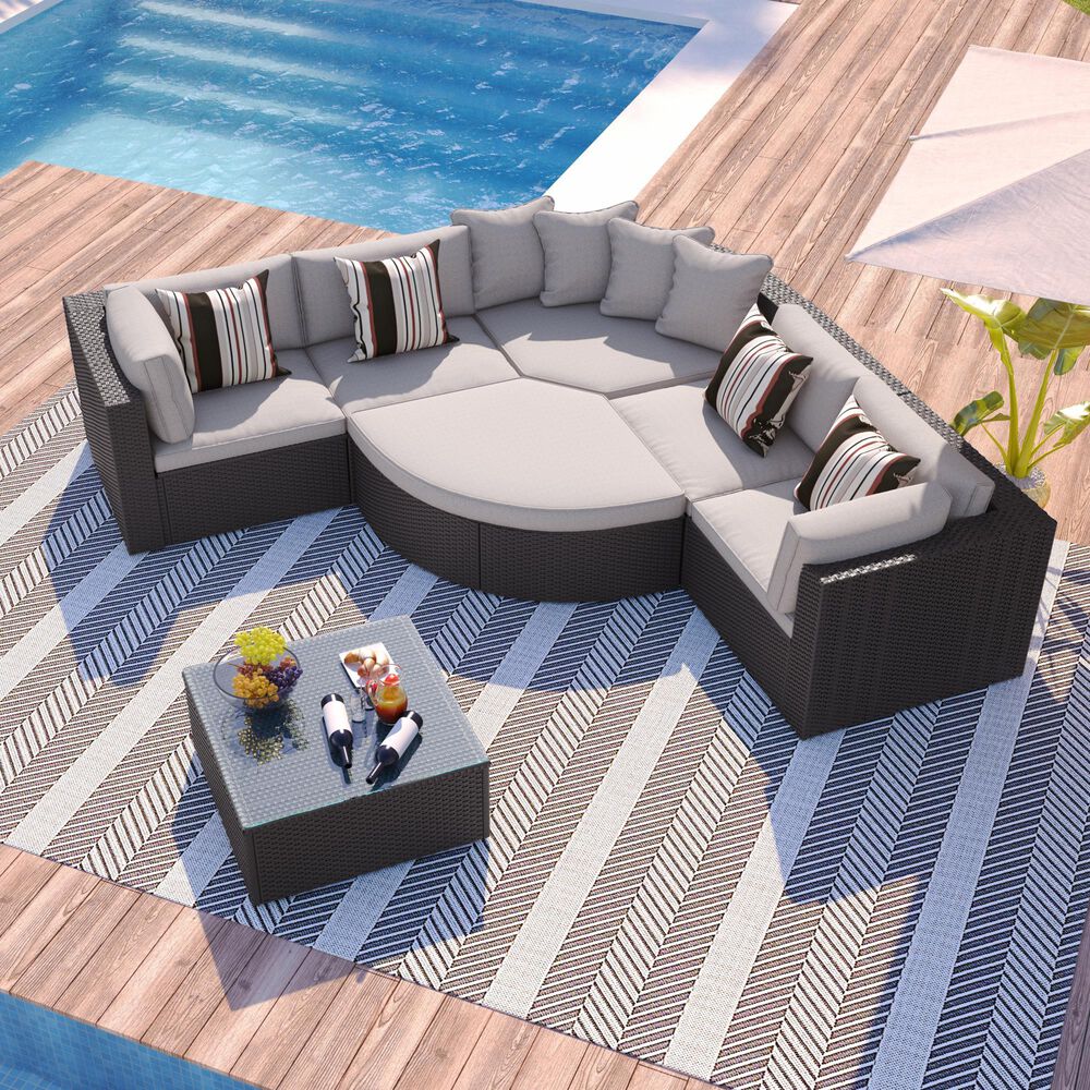 HOMLUX 7-piece Outdoor Conversation Set with Black Wicker in Light Gray, , large