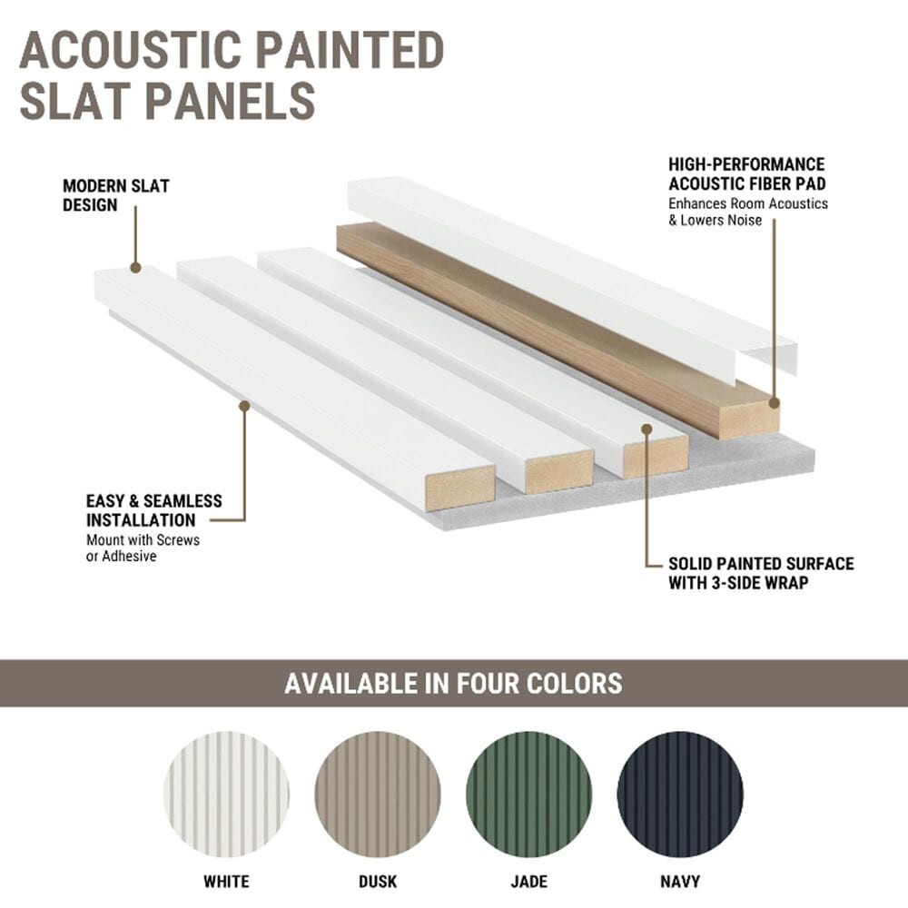 MS International White 9.5" x 94.5" Acoustic Wall Slat Panels, , large