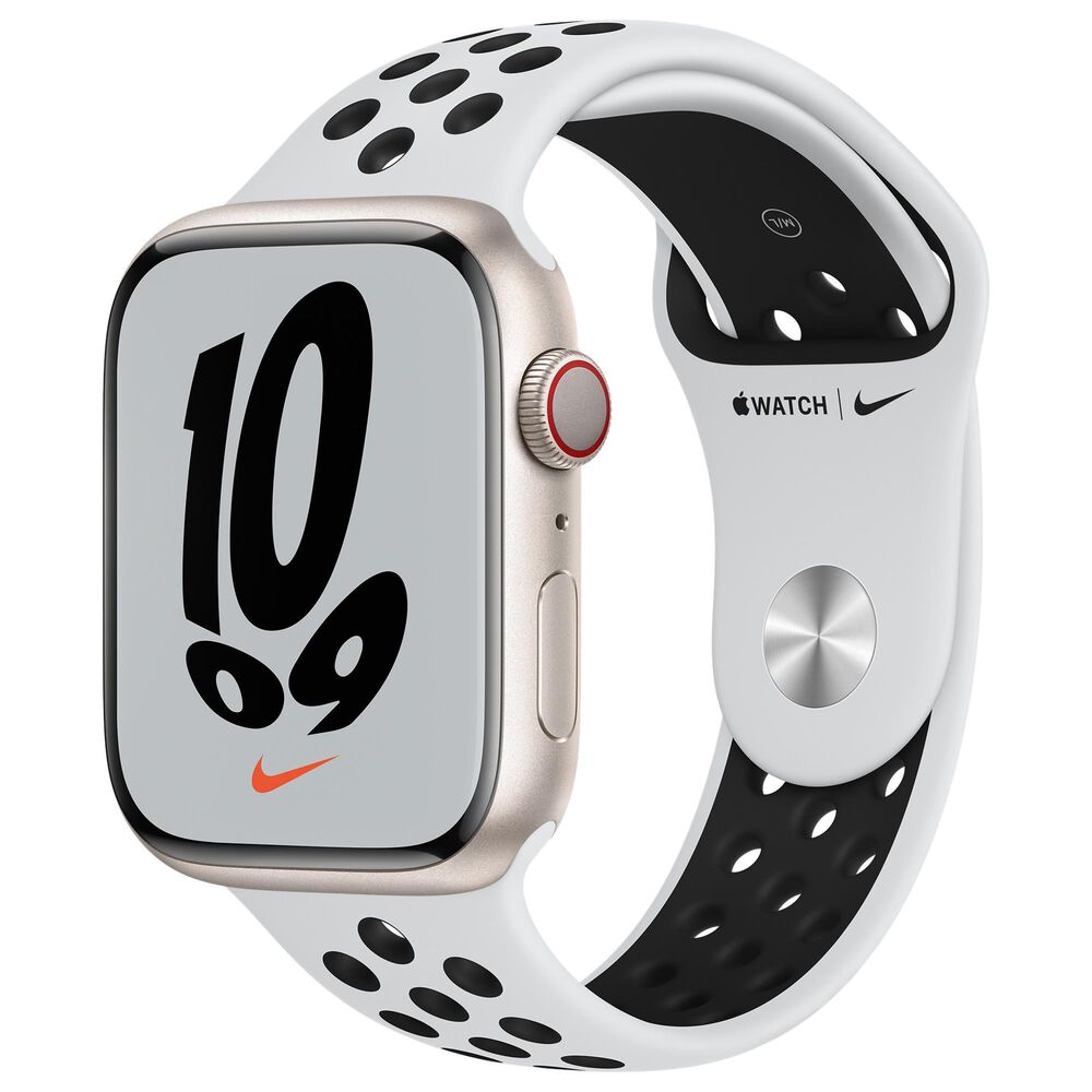 Apple Watch Nike Series 7 (GPS + Cellular) 45mm Starlight Aluminum Case with Pure Platinum/Black Nike Sport Band with 2-Year AppleCare+, , large