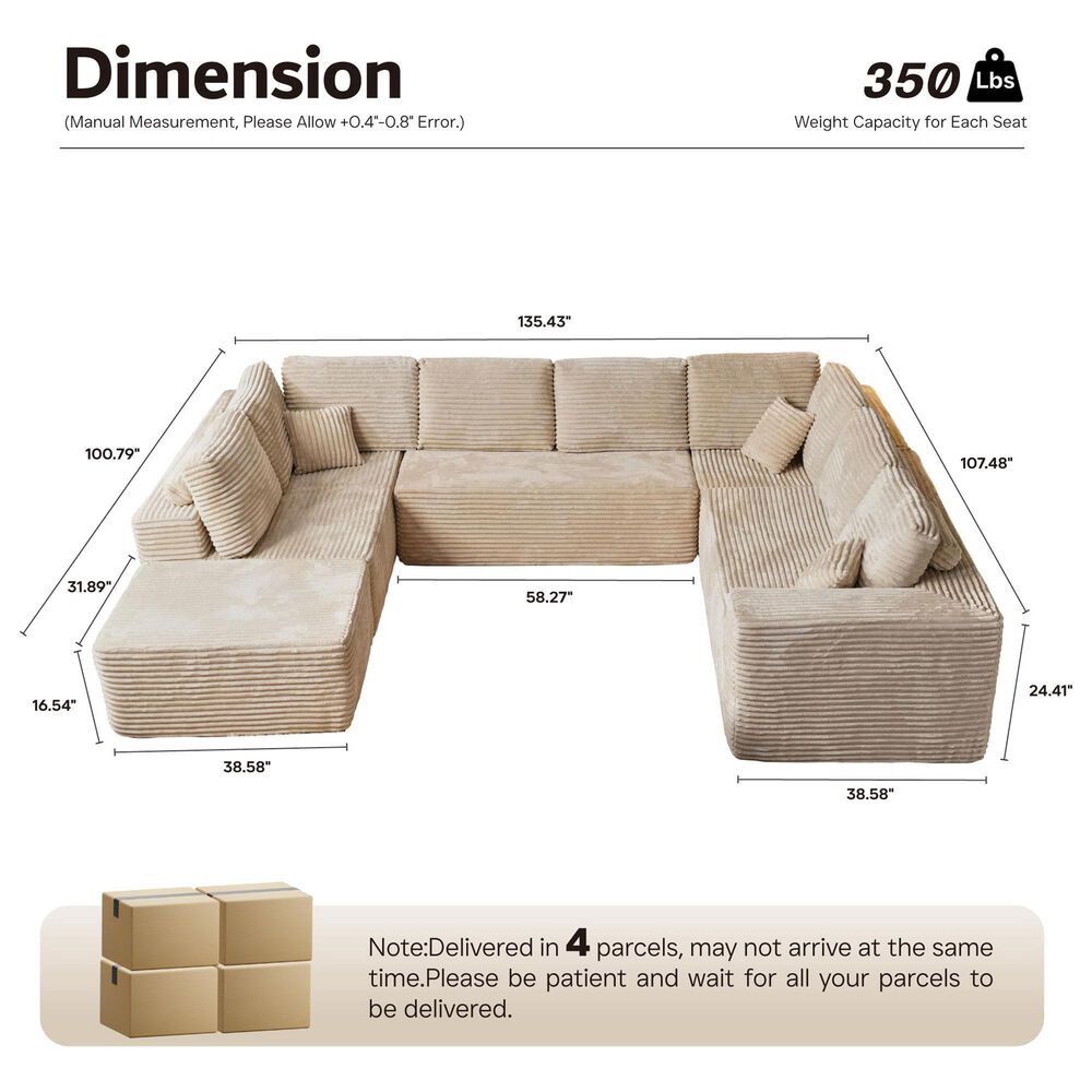 HOMLUX Modular Floor Sofa with Plush Corduroy, Big Comfy U-Shaped Sectional Couch in Beige, , large