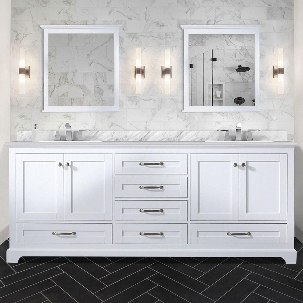 Lexora Home Dukes 80&quot; Double Bathroom Vanity in White with 2 cm White Carrara Marble Top and Rectangular Sinks, , large