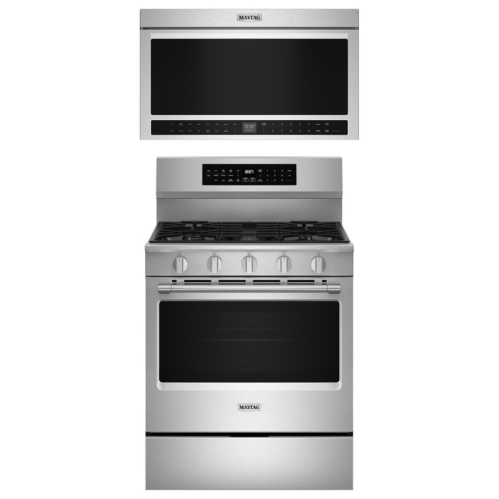 Maytag 2-Piece Kitchen Package with 5 Cu. Ft. Gas Range and 1.1 Cu. Ft. Over-The-Range Toaster Oven in Fingerprint Resistant Stainless Steel, , large