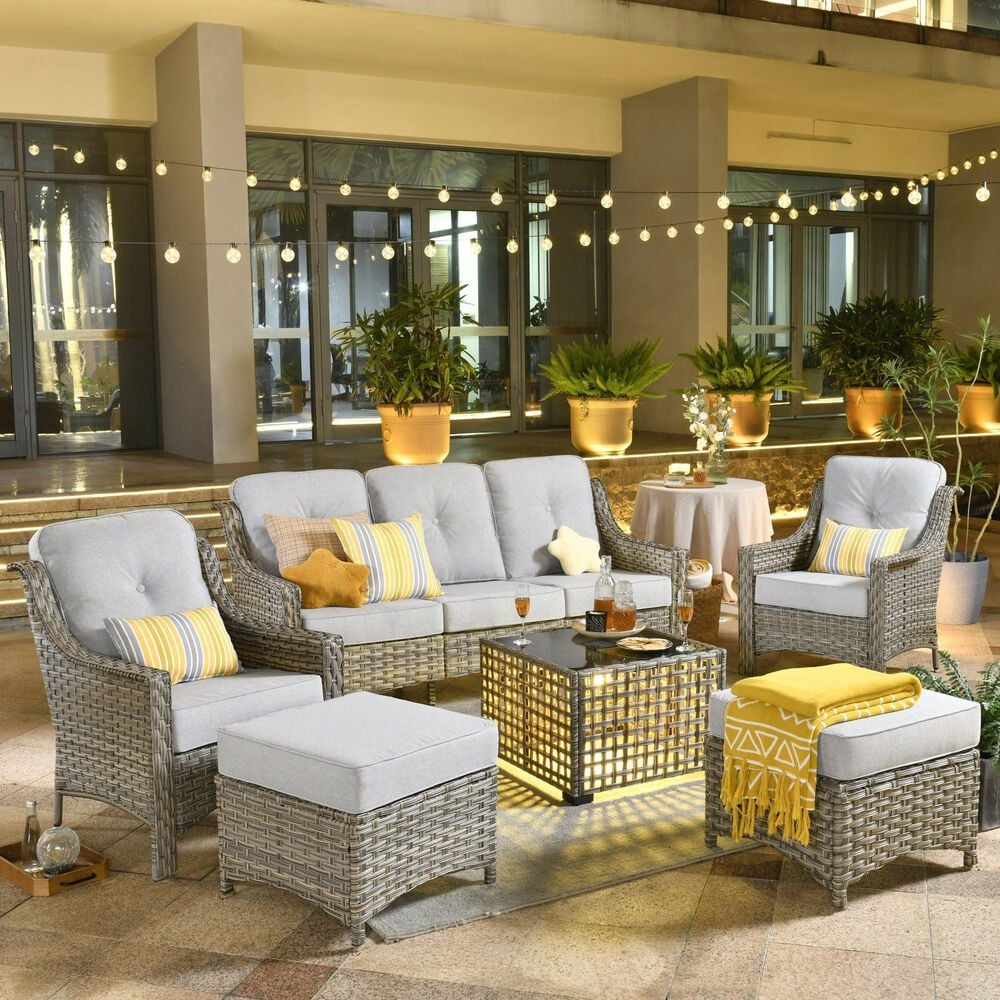 HOMLUX 5-Piece Patio Conversation Set with Two Ottomans in Light Gray, , large