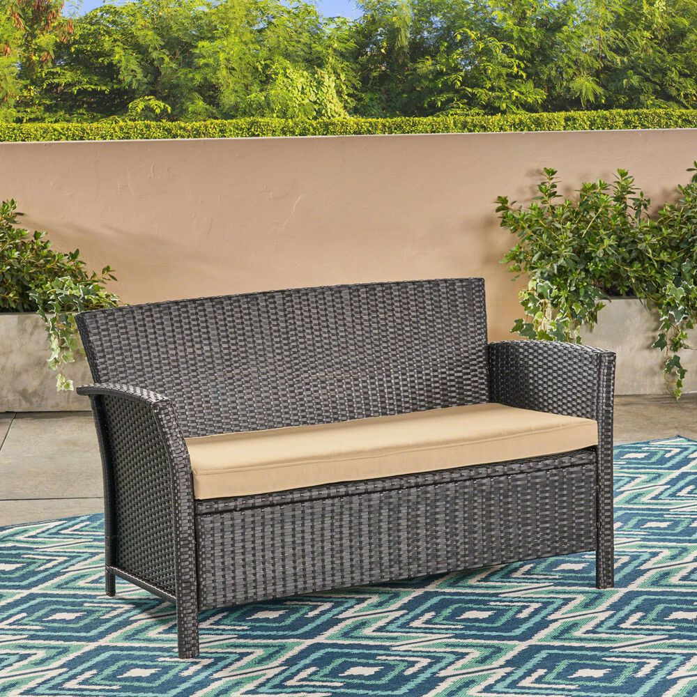 Hearth and Haven ST Lucia Outdoor Loveseat with Tan Cushion in Brown, , large