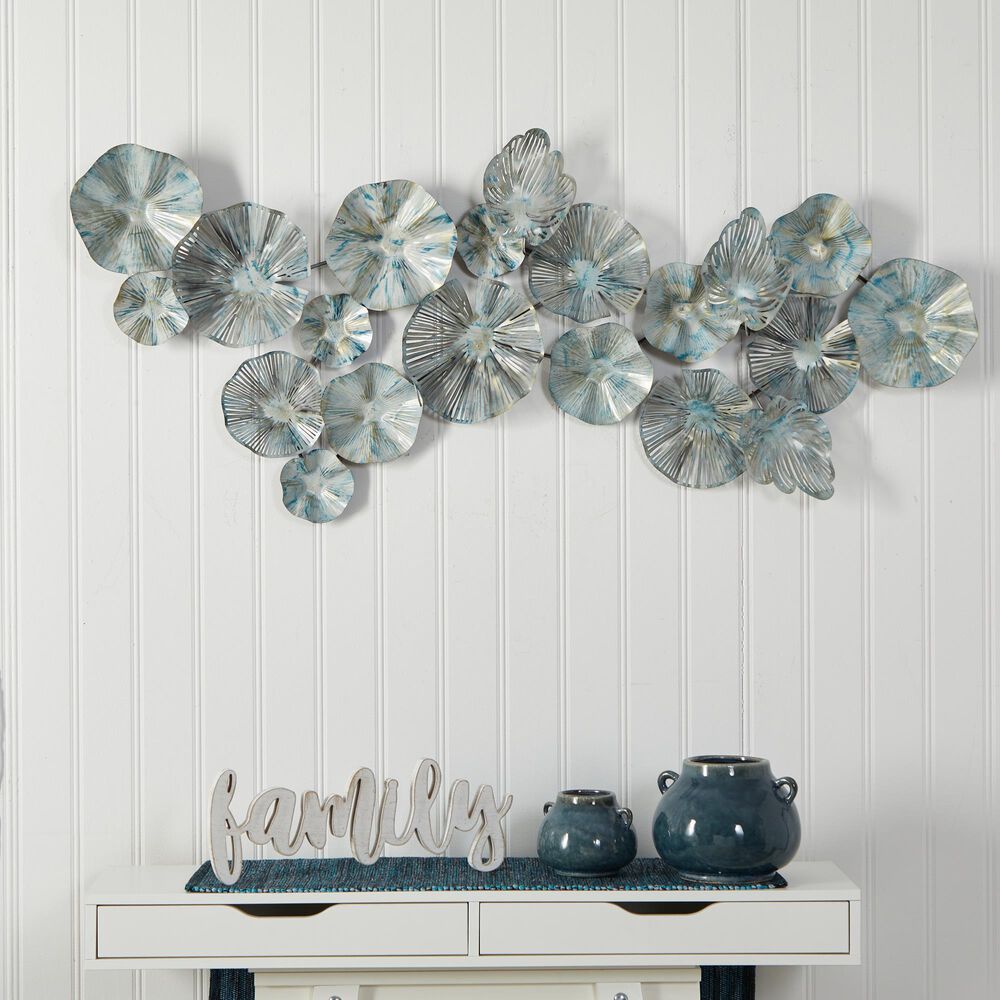 Nearly Natural Inc 24&quot; x 60&quot; Coastal Floral Metal Wall Decor in Silver, Blue and Brown, , large