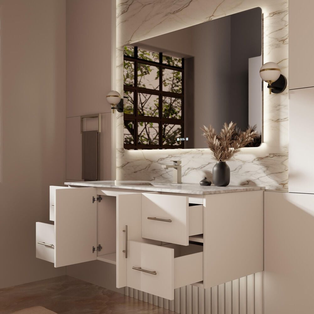 Lexora Home Geneva 48" Single Bathroom Vanity in Glossy White with 2 cm White Carrara Marble Top and Rectangular Sink, , large