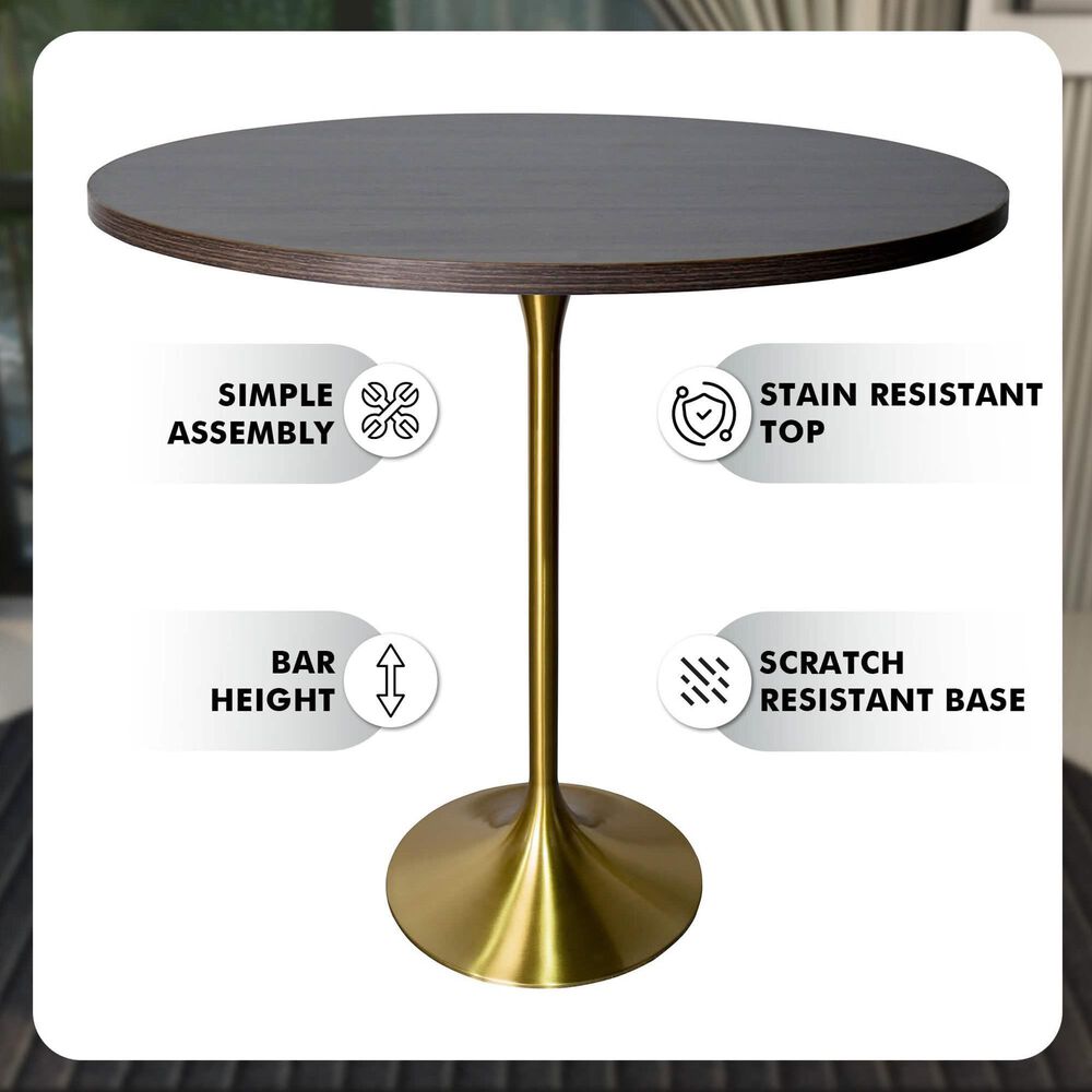Leisuremod LeisureMod Verve Collection Modern Bar Height Table Brushed Gold Base with 48 Round Dark Walnut MDF Top, , large