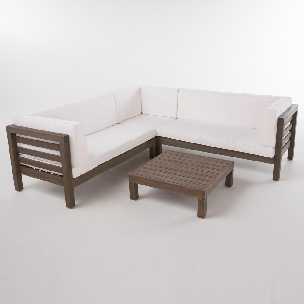 Noble House Oana 4-Piece Patio Sectional Set with White Cushion in Gray, , large