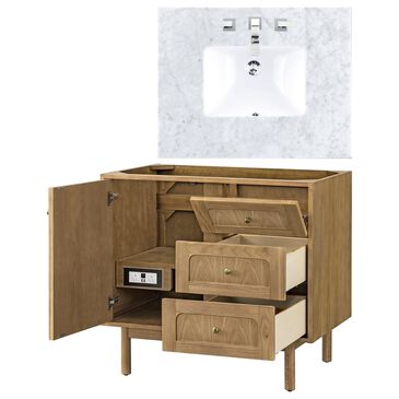 James Martin Laurent 30" Single Bathroom Vanity in Light Natural Oak with 3 cm Carrara White Marble Top and Rectangular Sink, , large